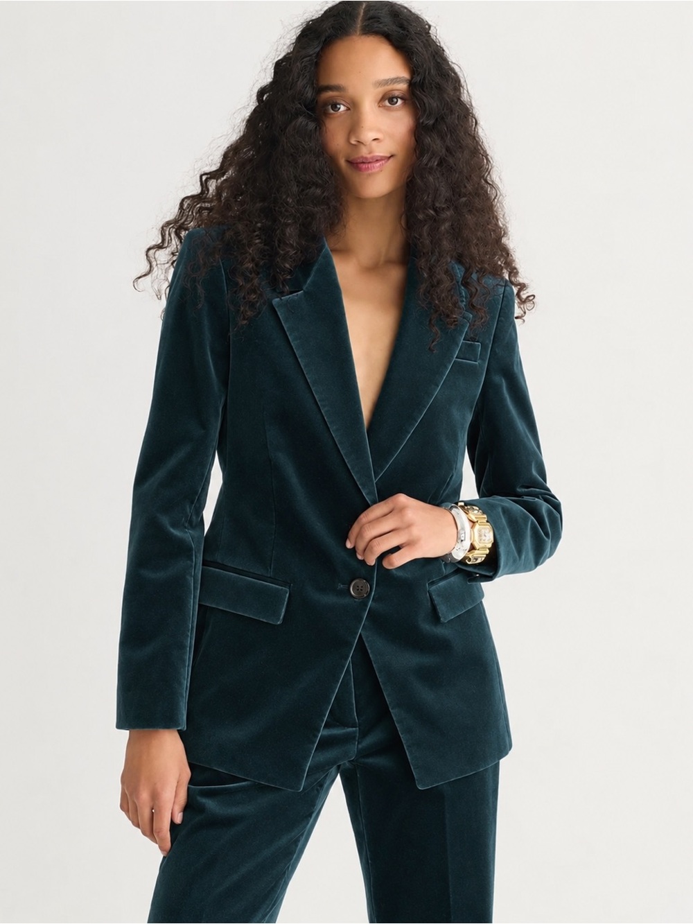 J.Crew Nipped-in Blazer in Stretch Velvet Dark Green Two Button Lined Jacket
